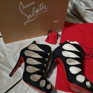 Christian Louboutin Red Bottom Black Suede Closed Toe Booties Heels Size 6.5 NIB